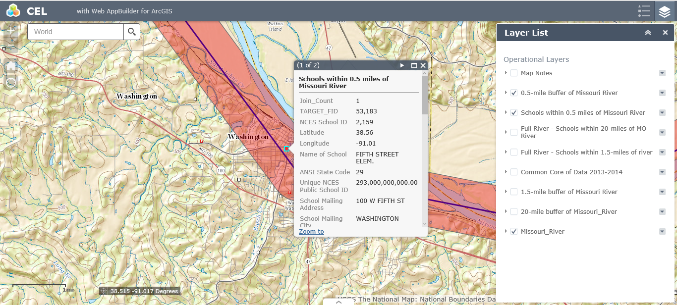 A detail of the map I created of schools within .5 miles of the Missouri River