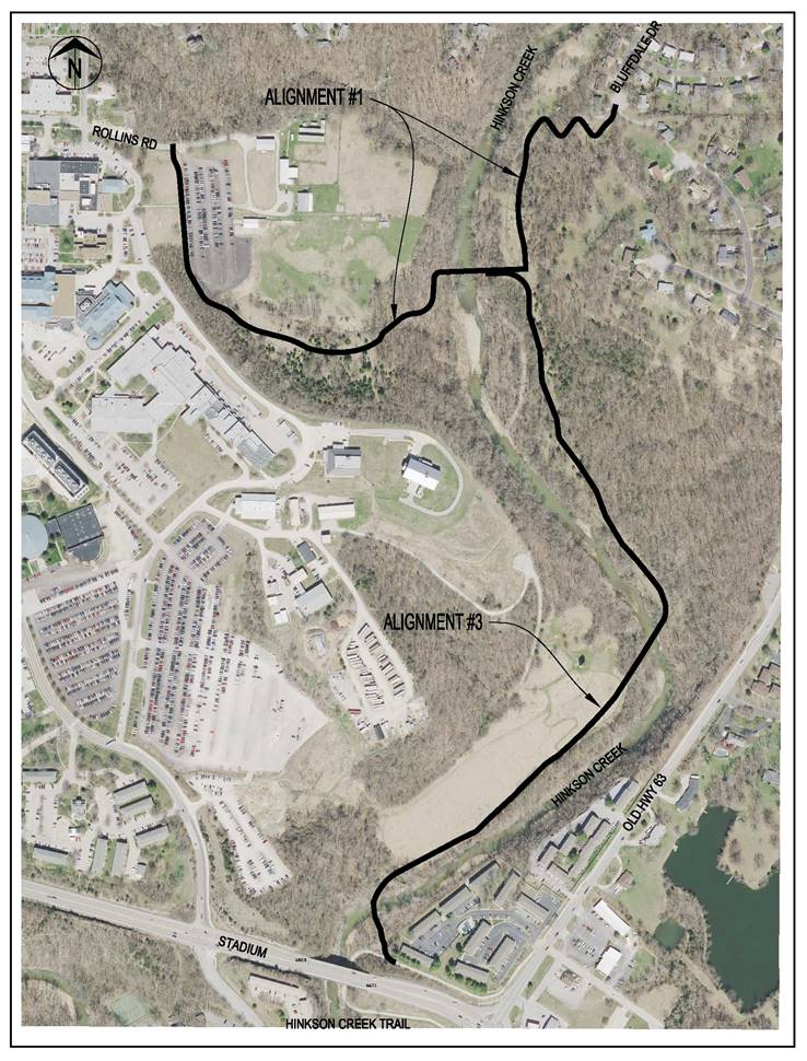 Diagram of two proposed options for the Shepard-Rollins bicycle trail connector