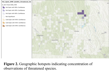 Mapping hotspots of observations of threatened species from the Wayne National Forest BioBlitz. I located a hotspot around north of the Burr Oak State Park lake.